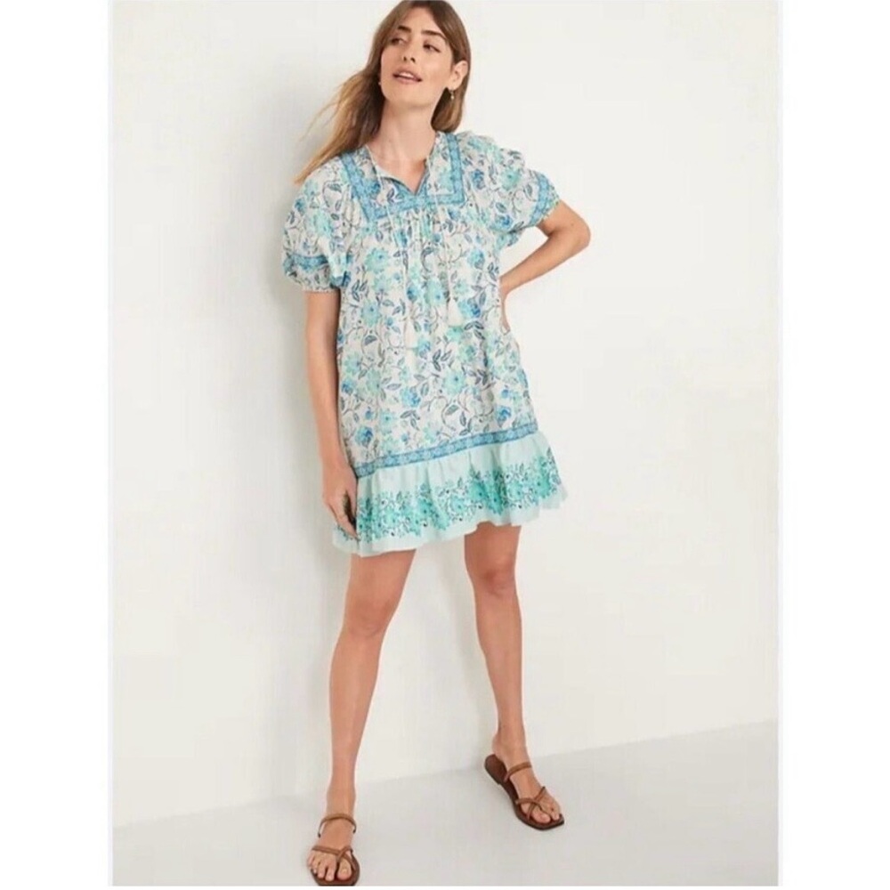 Old Navy Puff Sleeve Mini Dress L Ruffled Boho Coastal Cottagecore prairie